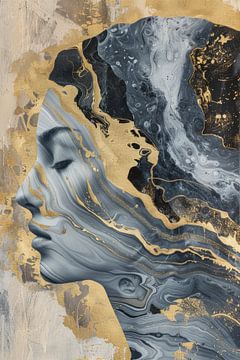 Elegant abstract portret in blauw tweedelig met accenten van goud van Digitale Schilderijen