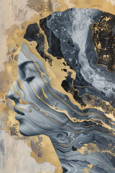 Elegant abstract portrait in blue two-piece with accents of gold by Digitale Schilderijen