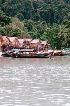 Vissersboten bij het eiland Surin In Thailand van Lindy Schenk-Smit
