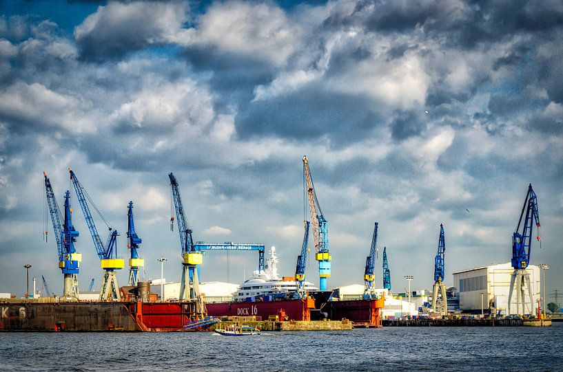 Port of Hamburg with cranes and dry docks by Dieter Walther