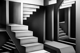Abstraktes Bild einer Treppe in schwarz-weiß, Esscher-Stil
