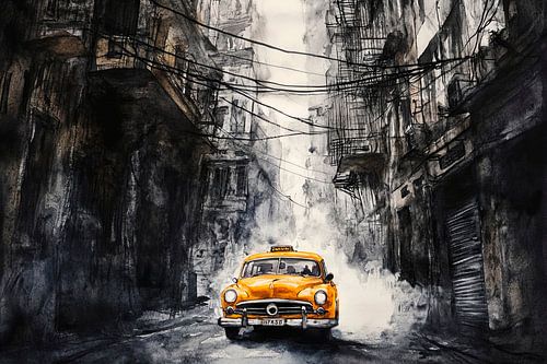 Gele taxi in een stedelijke dystopie