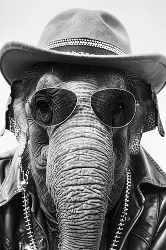 Gestileerde olifant met zonnebril en cowboyhoed