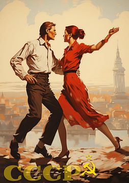 jong paar danst tango - communisme sovjet op een billboard - reclame in vintage stijl van Animaflora PicsStock