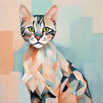 Kat in pastelkleuren en geometrische vormen van Sabine Schemken