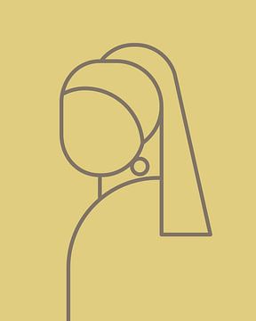 Het Meisje met de Parel abstract lijn illustratie op zachtgele achtergond met donkergrijs lijnenspel van Michel Rijk