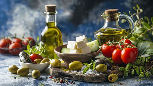 Griekse keuken met olijven, feta en olijfolie
