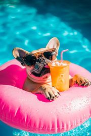 Entspannter Hund im Poolring mit Drink von Poster Art Shop