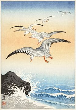 Five seagulls above turbulent sea (1900 - 1930) by Ohara Koson van Studio POPPY