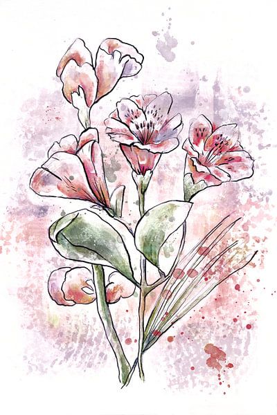 Aquarellmalerei, Aquarellblumen in verschiedenen Farben. von Emiel de Lange