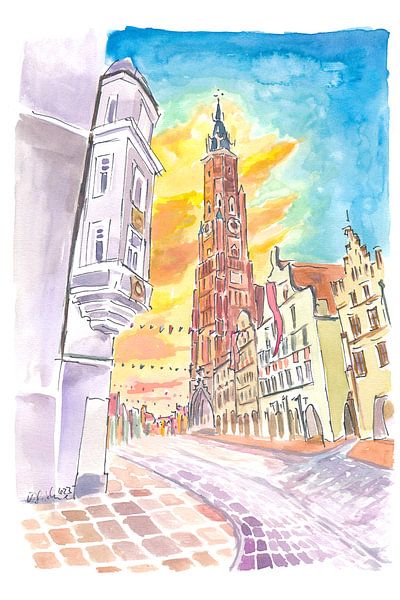 Festliche Landshuter Altstadt mit beleuchteten Wolken und Sankt Martin bei Sonnenuntergang by Markus Bleichner