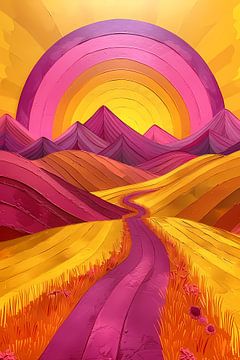 Kleurrijke Abstracte Bergen en Kronkelende Weg van De Muurdecoratie