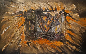 Bernsteinglut & Graphit-Spitze – Abstraktes Eruptions-Relief (Fine Art Wandbild)