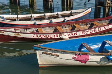 Colored rowing boats in a harbor by Tonko Oosterink
