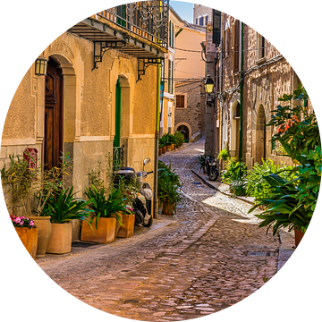 Uitzicht op een idyllische straat in het mediterrane dorp Fornalutx