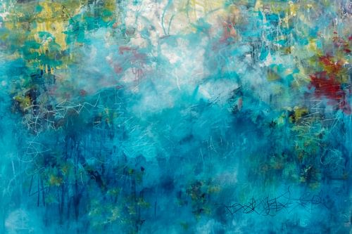 Abstract schilderij, blauw, groen, wit en rood
