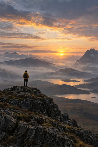 The Highlands in the evening light – a walker by the rock
