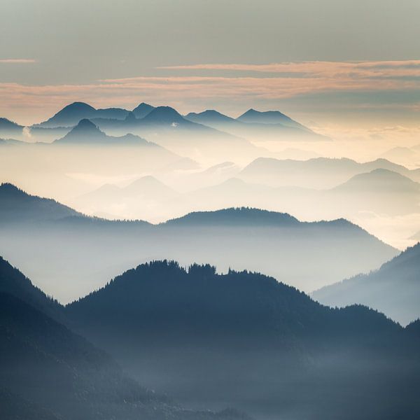 Silhouette of different mountains in the Ammergau Alps in the morning at sunrise. Hiking in the morn by Daniel Pahmeier