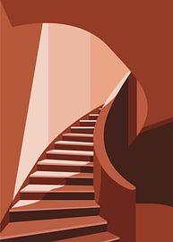 Minimalistische retroposter van een gebogen architectonische trap met dramatische belichting, geometrische schaduwen en warme, monochrome terracottatinten