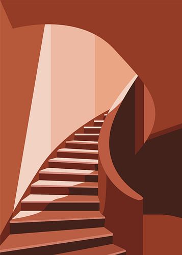 Affiche rétro minimaliste représentant un escalier architectural sinueux, avec un éclairage spectaculaire, des ombres géométriques et des tons monochromes chauds de terre cuite