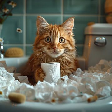 Mischievous cat in the chaos of the bathroom by Felix Brönnimann