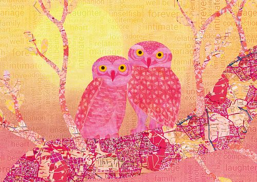 A pair of owls at sunset