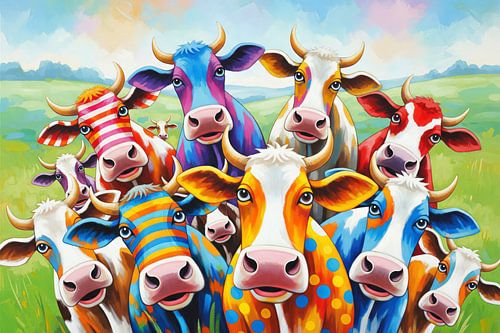 Schilderij van meerdere kleurrijke koeien in een veld