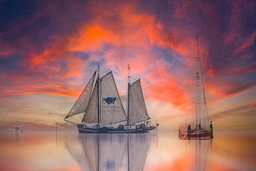 Sailing boats at sunset by Wilna Thomas