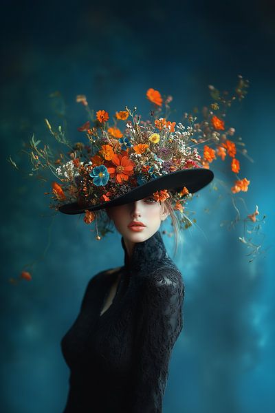Elegance In Bloom | Woman in an elegant pose with hat and orange floral gradient, blue background by Sander van der Torren