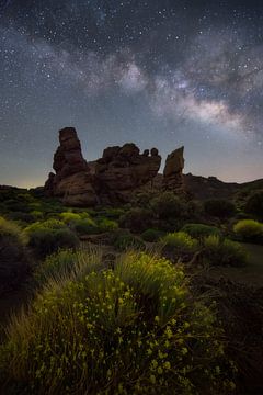 Melkweg boven de rotsen in nationaal park El Teide in Tenerife. van Jos Pannekoek