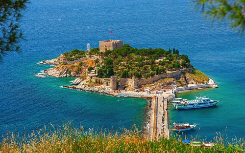 Duiveneiland met een piratenkasteel.