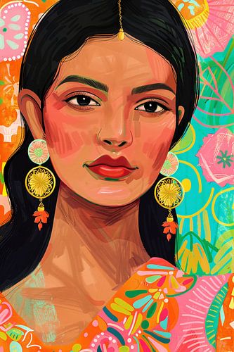 Kleurrijk portret Indiase vrouw met bloemenachtergrond