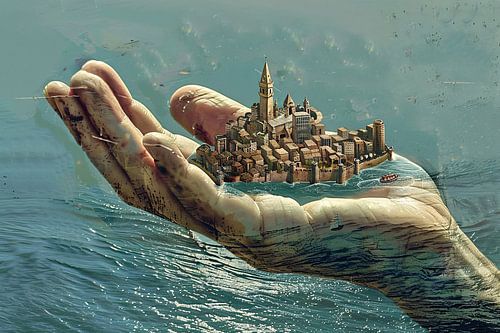 Stad gedragen door een gigantische hand