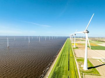 Windturbines in een windpark aan oever van het IJsselmeer