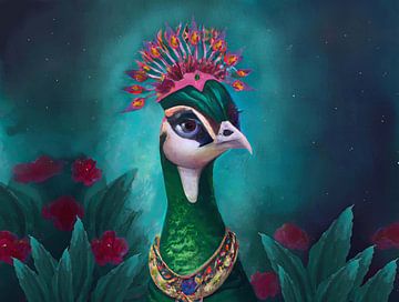 Portrait peacock with crown and necklace petrol background by Maud De Vries