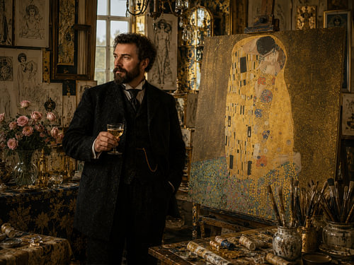 Grimpe dans son atelier avec le Baiser d'or sur Dessins et peintures de Peter Pen