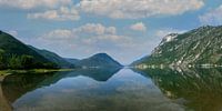 Lake panorama with mountains and blue sky with white clouds
