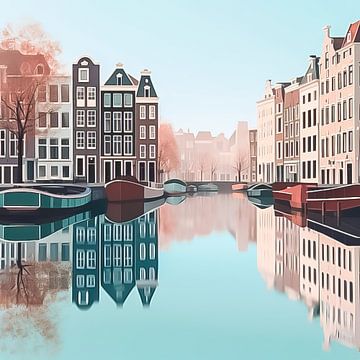 Pastel digital art of Amsterdam canal and houses by Thea