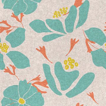 Retro botanical abstract flowers in mint green, orange and yellow. by Dina Dankers