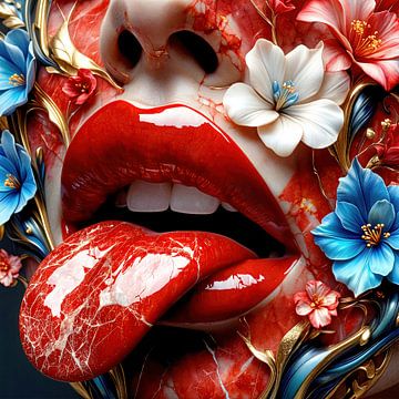 Rode mond en lippen met uitgestrekte tong - een marmeren gezicht verstrengeld met hibiscusbloesems van AidasignArt