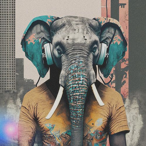 Digitaal Olifant Portret met headphones