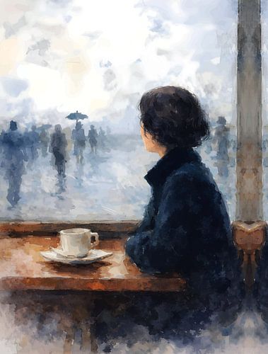 Une femme seule dans un café : une illustration représentant une fenêtre sous la pluie