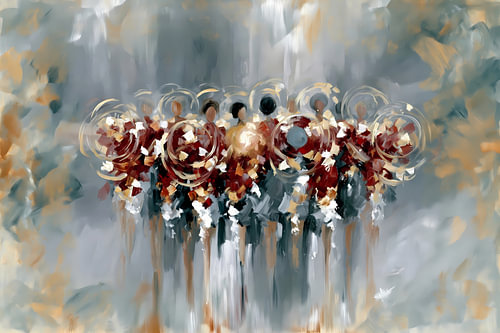 Peinture abstraite rouge carmin : Des amis côte à côte