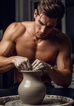 Shirtloze man die kleivaas vormt op pottenbakkersschijf van Markus Gann