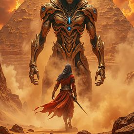 AZHRAKTYON – Ein riesiges Alien steht vor den Pyramiden einem Krieger gegenüber von INFERAURUM