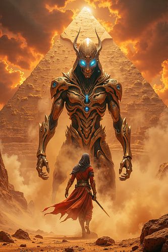 AZHRAKTYON – Un gigantesque alien se tient devant les pyramides face à un guerrier