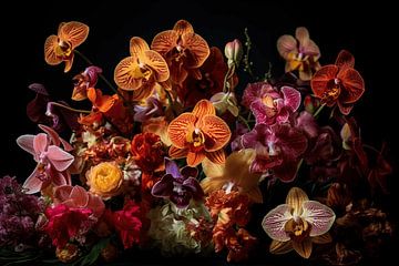Ein üppiges und überschwängliches Arrangement aus Orchideen und Wildblumen von Marc van der Heijden • Kampuchea Art