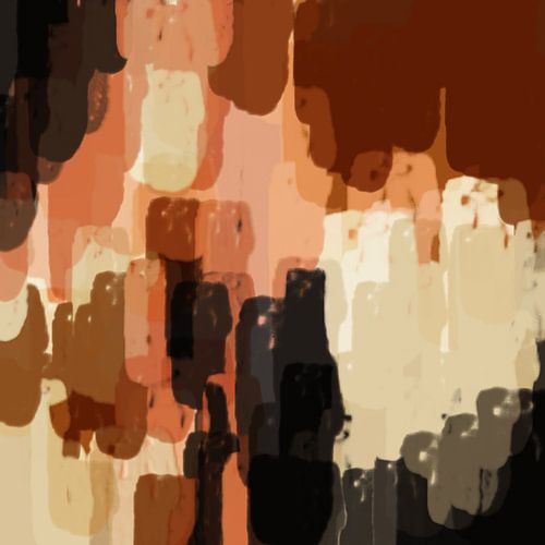 Abstracte penseelstreken in bruin, terracotta, beige en zwart.
