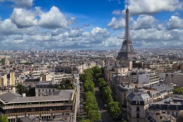 Cityscape and the Eifel Tower in Paris, France, seen from the top of the Arc de Triiomphe