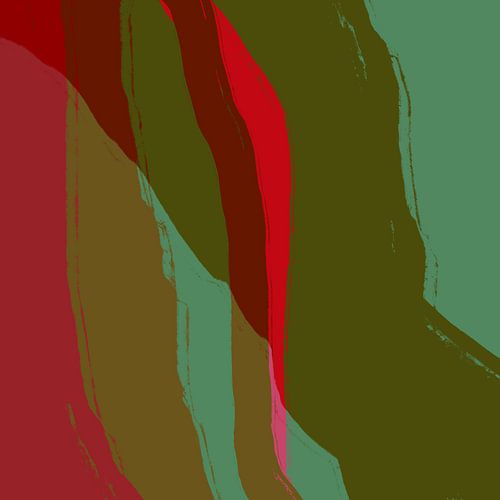 Retro geïnspireerd abstract schilderij in mosgroen, neonrood en donkerrood van Dina Dankers